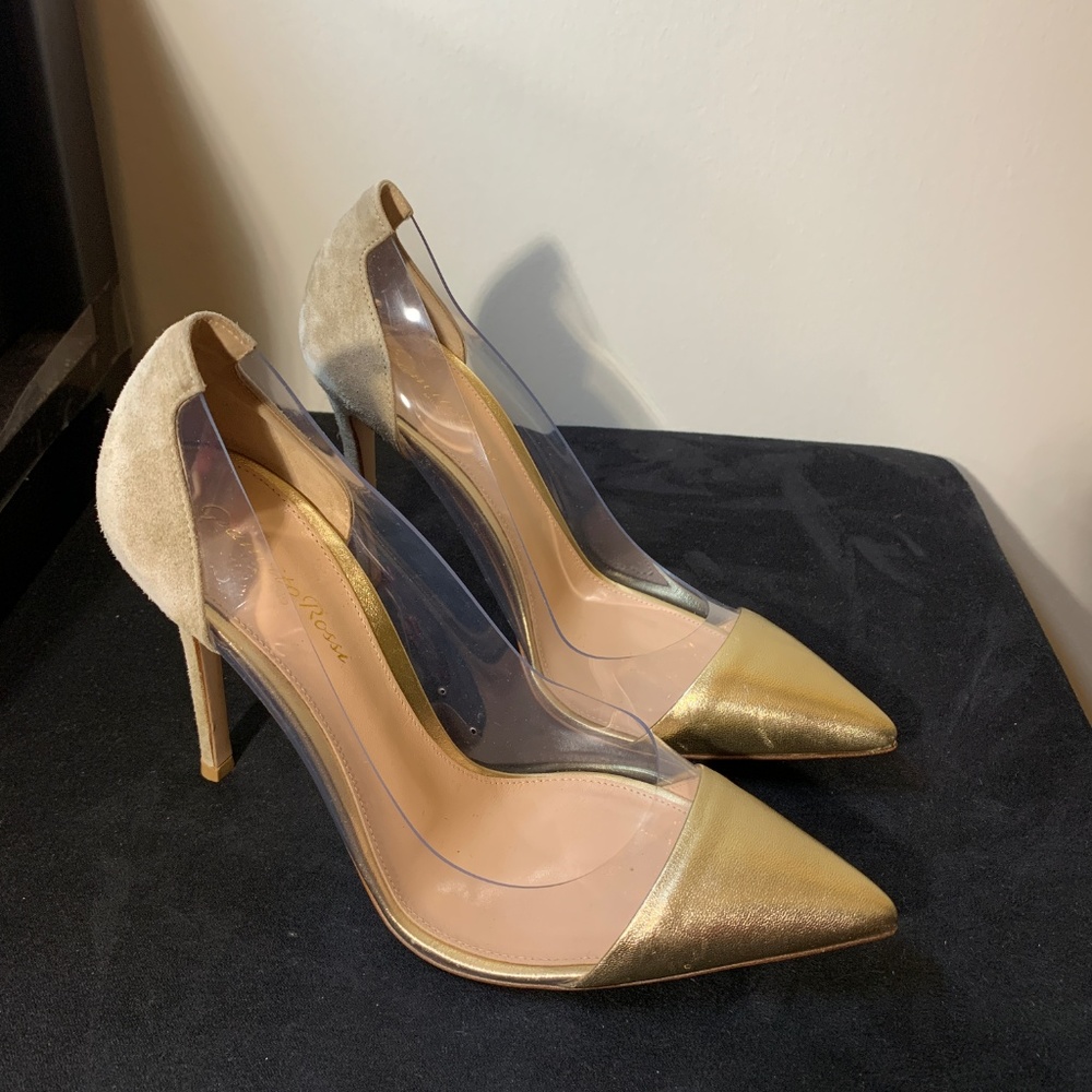 Gianvito Rossi Gold Suede Leather Plexi Pumps